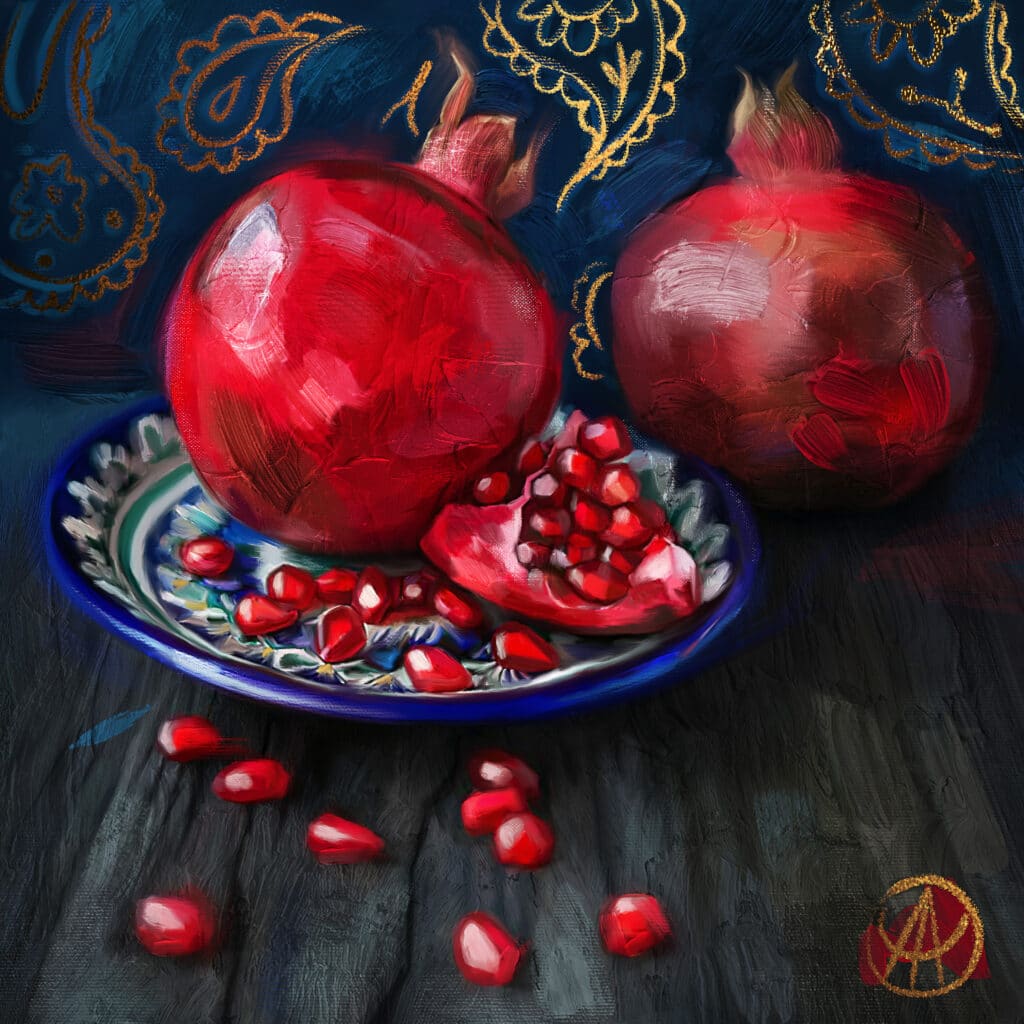 Info Shymkent - Still life painting "Pomegranates" by Kazakh painter Aisulu Almasbayeva