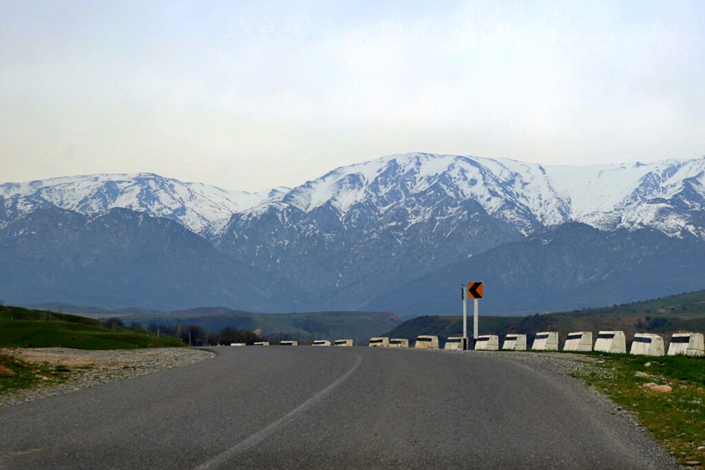 Info Shymkent - A street leading to the Western Tien-Shan Mountains during spring time