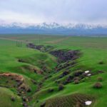 Info Shymkent - Small valley between green fields with Western Tien-Shan Mountains in spring time in the backdrop